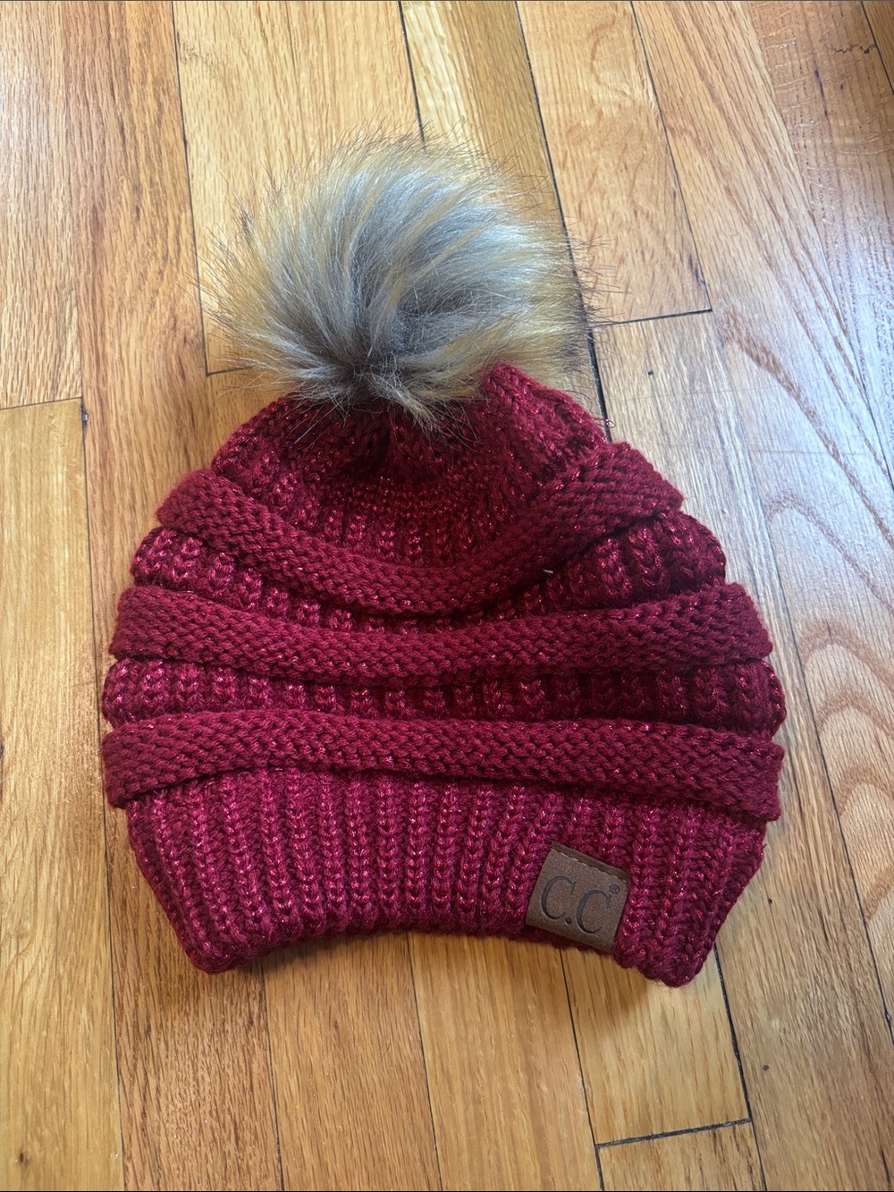 C.C Maroon Knit Pom Beanie with Faux Fur Top